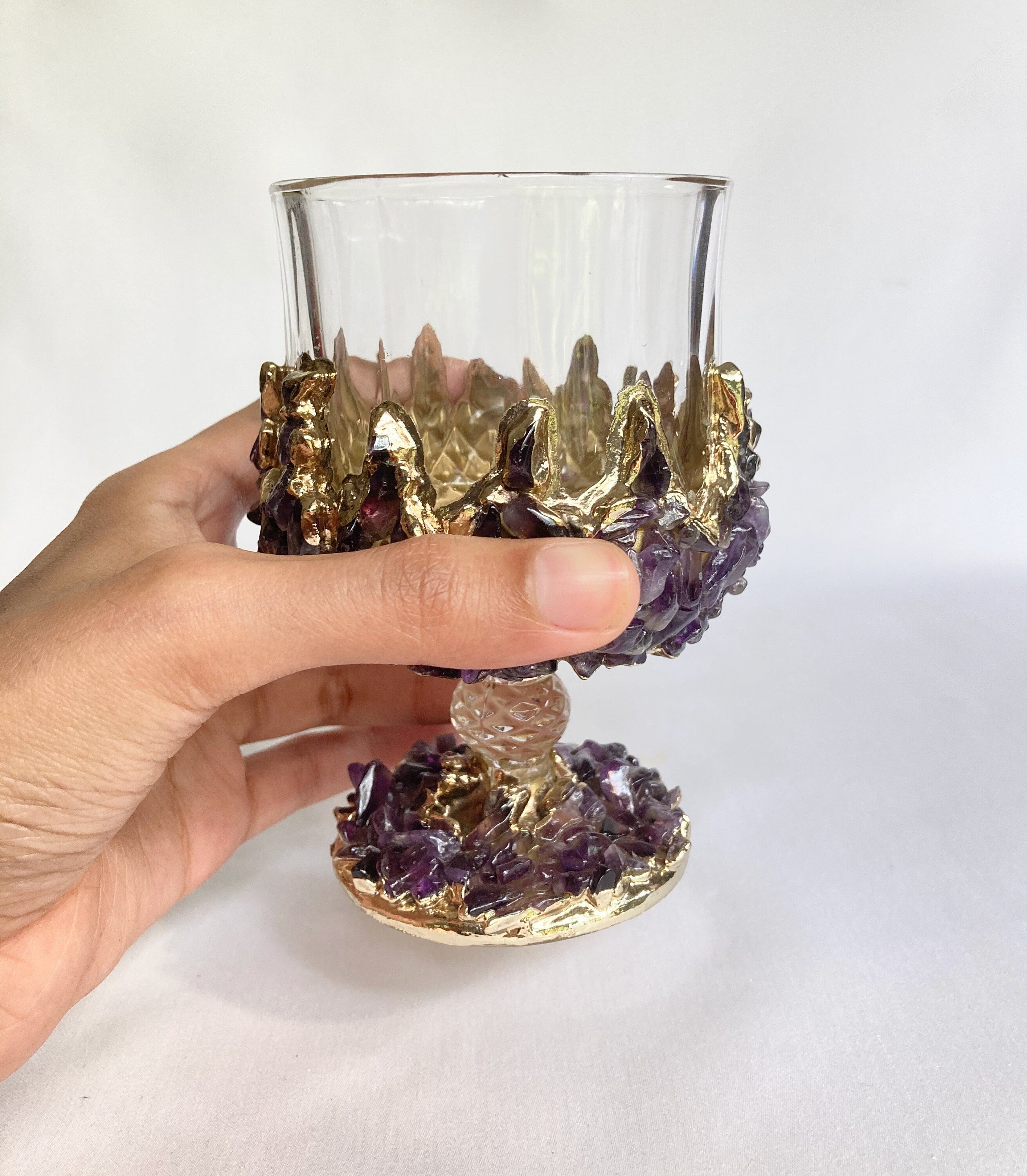 Set of 2 |Crystal Wine Glasses with Gold Plated Purple Amethyst