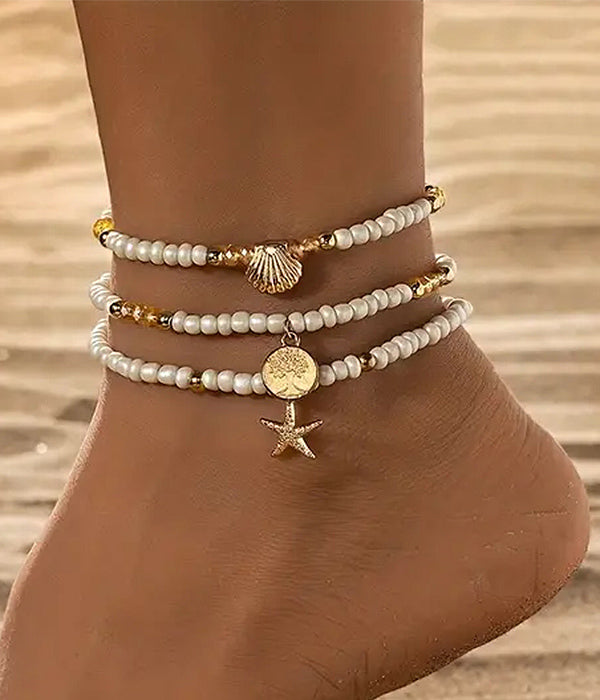 SEALIFE THEME 3 PIECE STRETCH ANKLET SET - STARFISH SHELL