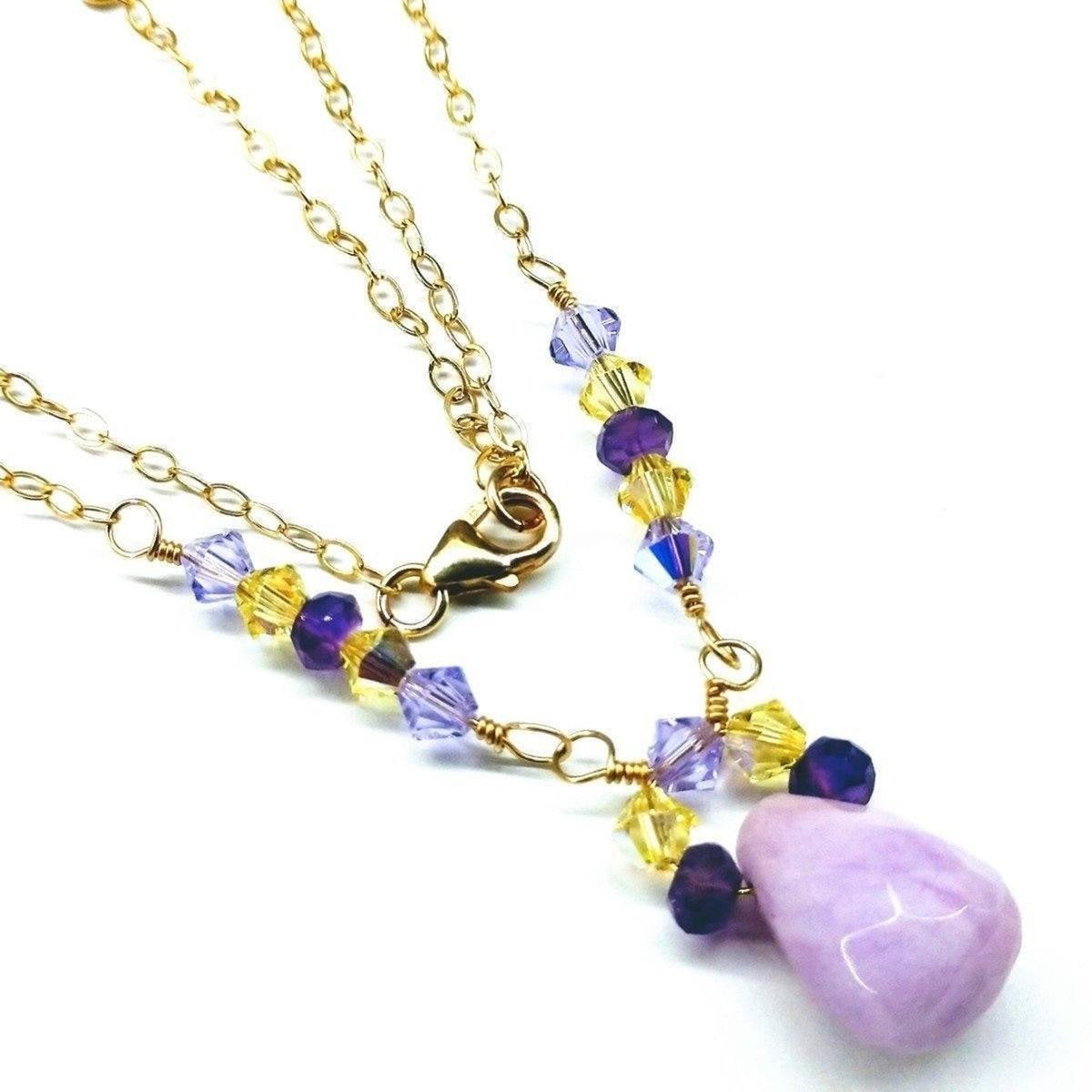 Lavender Candy Jade Drop Gold Wire Wrapped Necklace