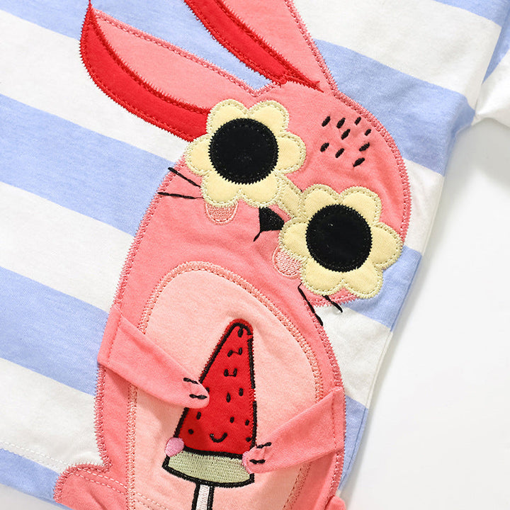 Summer Baby Kids Girls Rabbit Cartoon Striped Top And Shorts Casual