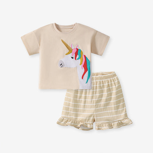 Summer Baby Kids Unicorn Cartoon Pattern T-shirt and Striped Bloomers