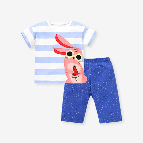 Summer Baby Kids Girls Rabbit Cartoon Striped Top And Shorts Casual