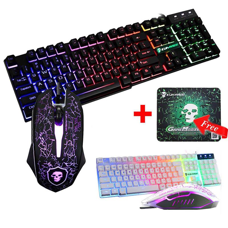 LED Rainbow Backlight USB Ergonomic Wired Gaming Keyboard + 2400DPI