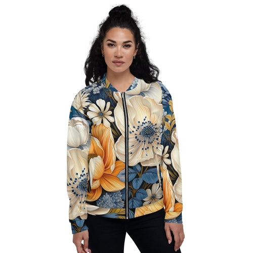 Womens Bomber Jacket - Floral Blue Print